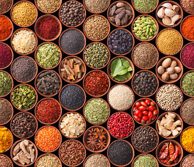 bowls of different herbs and spices